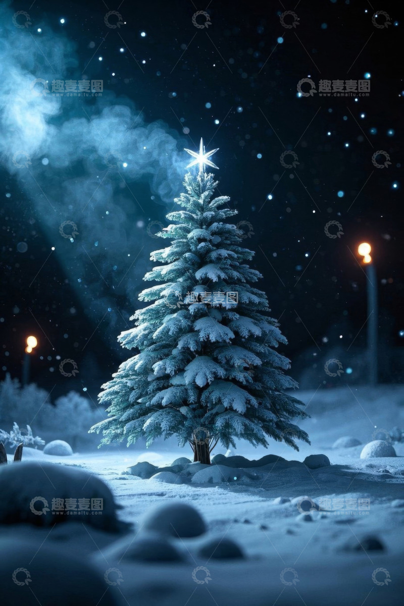 高清大图下载【趣麦麦图】雪夜中的圣诞树