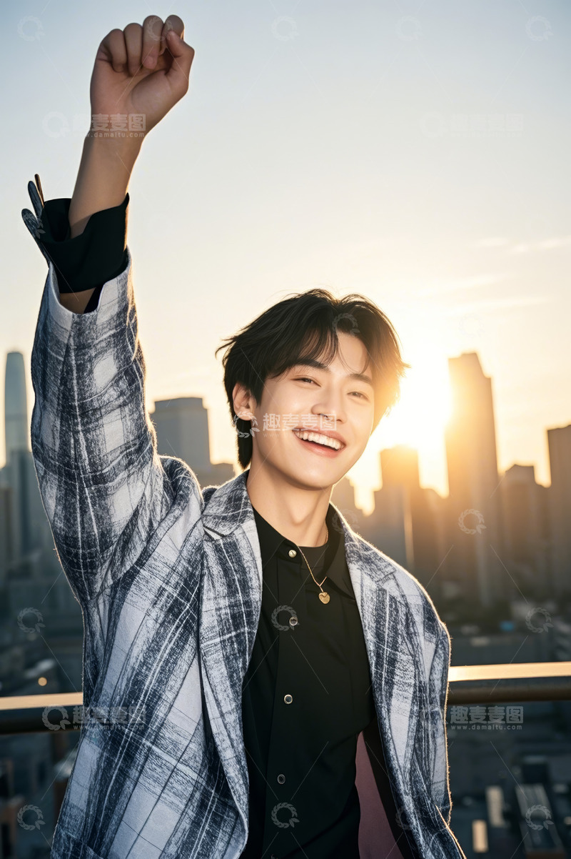 高清大图下载【趣麦麦图】男子于城市天台高举手臂微笑