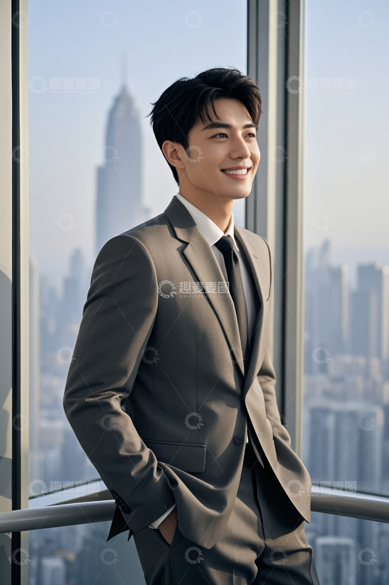 高清大图下载【趣麦麦图】西装男子于高楼窗边微笑
