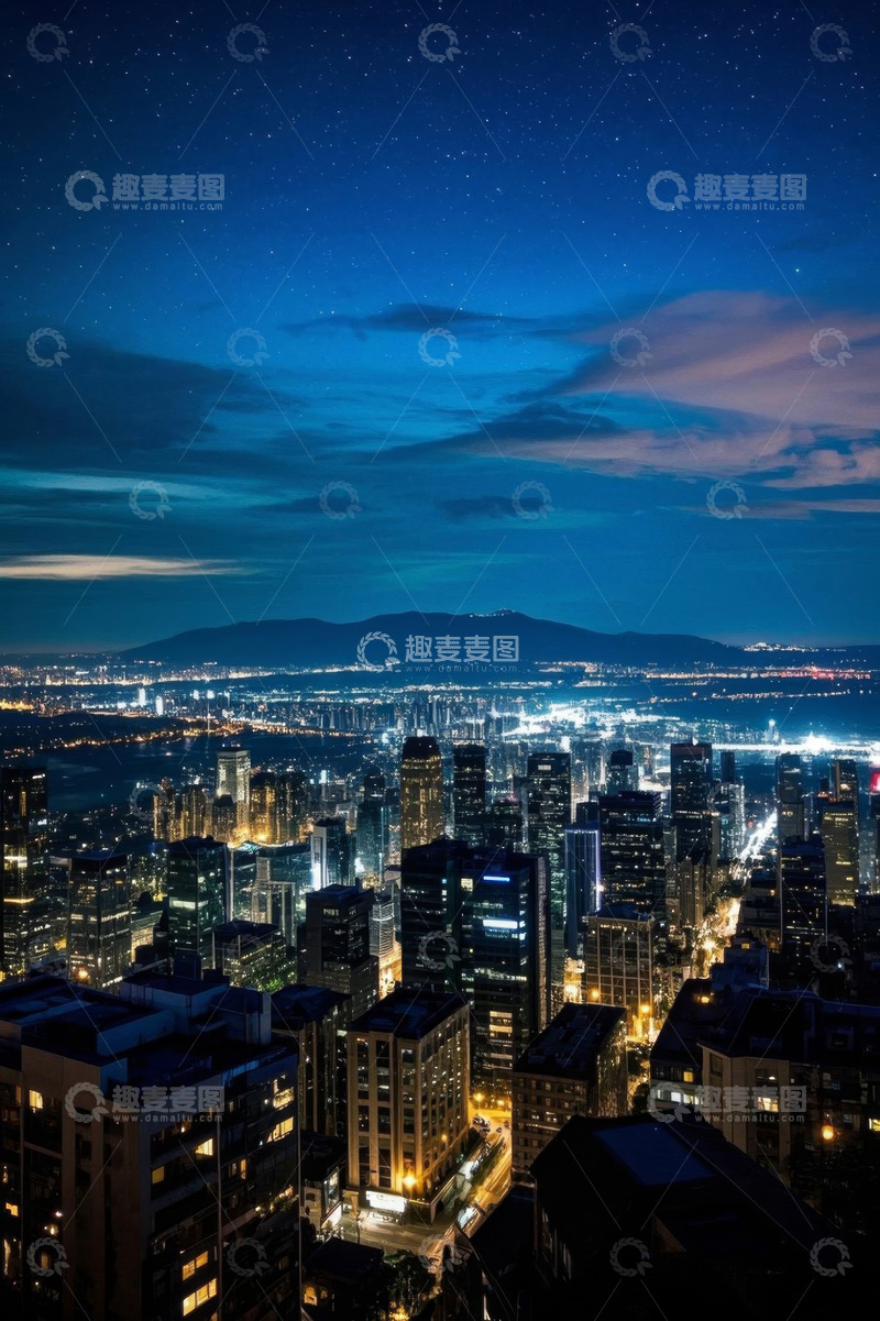 高清大图下载【趣麦麦图】城市夜景高楼与星空全景