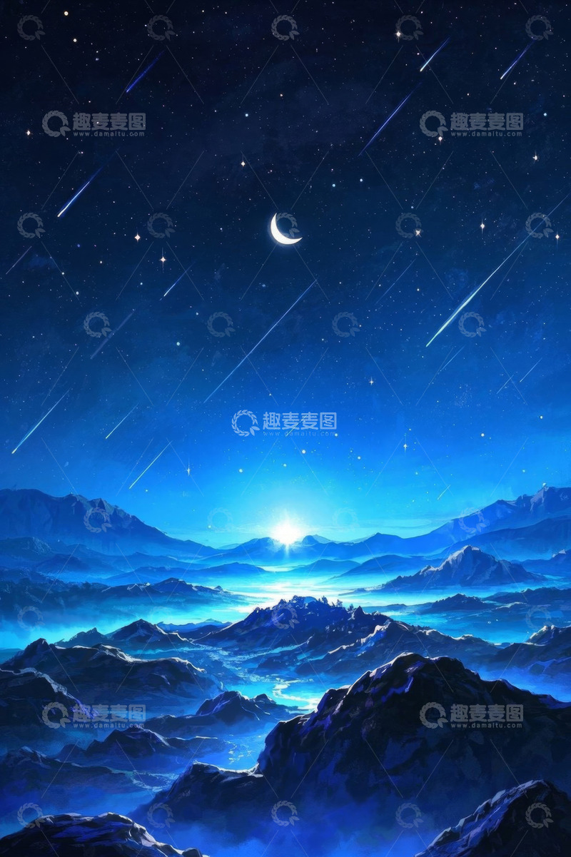 高清大图下载【趣麦麦图】夜空下山脉与流星的自然风光