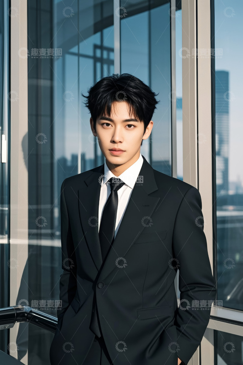 高清大图下载【趣麦麦图】身着西装的男士倚窗而立