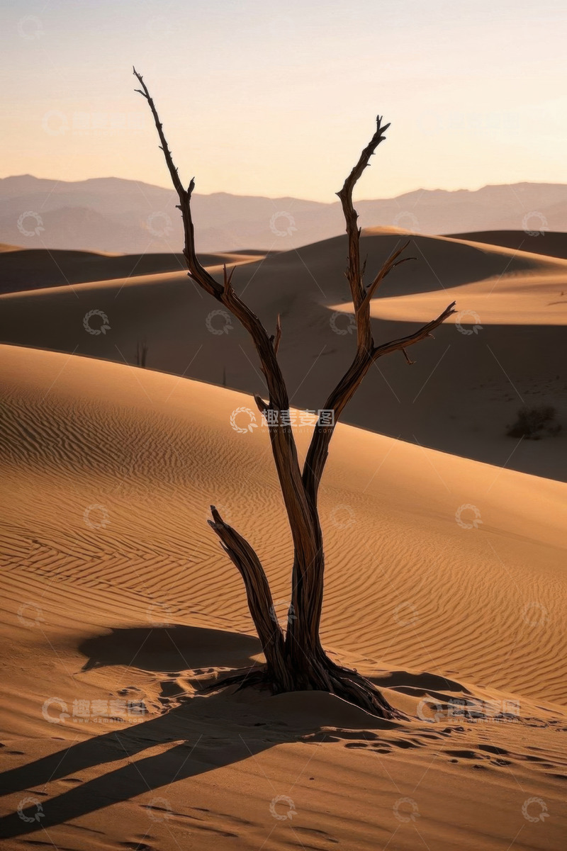 高清大图下载【趣麦麦图】沙漠中的枯树立于沙丘之上