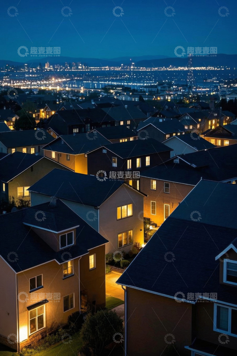 高清大图下载【趣麦麦图】夜晚住宅区与城市远景景观