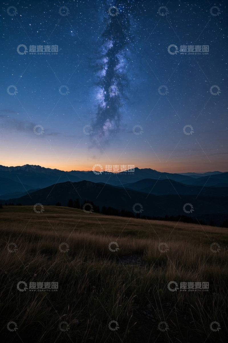 高清大图下载【趣麦麦图】山间草地银河星空夜景