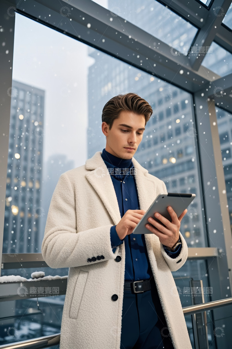 高清大图下载【趣麦麦图】-男士于窗边使用平板电脑