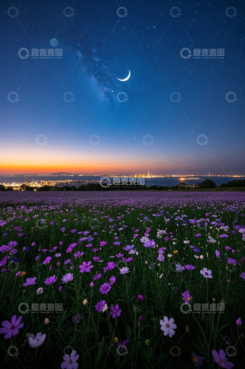 高清大图下载【趣麦麦图】花海夜景与城市灯火远景