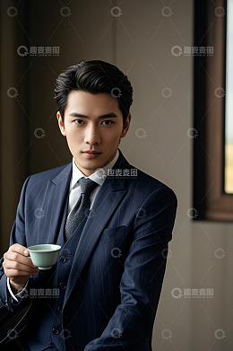 西装男士手持茶杯肖像