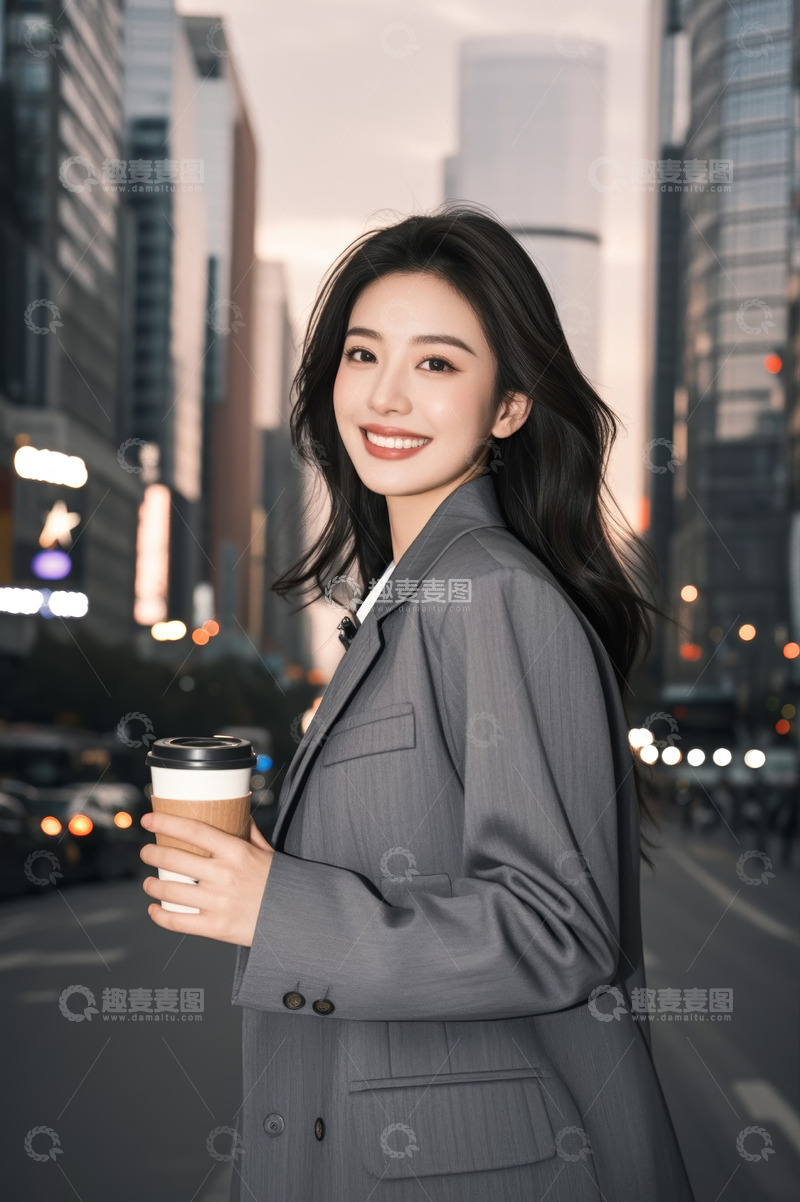 高清大图下载【趣麦麦图】城市街头持咖啡的职业女性
