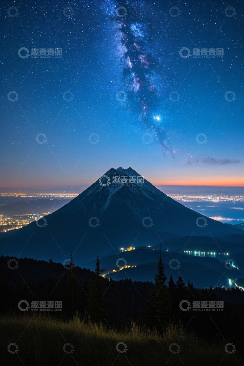 高清大图下载【趣麦麦图】夜空下的山景与城市灯火