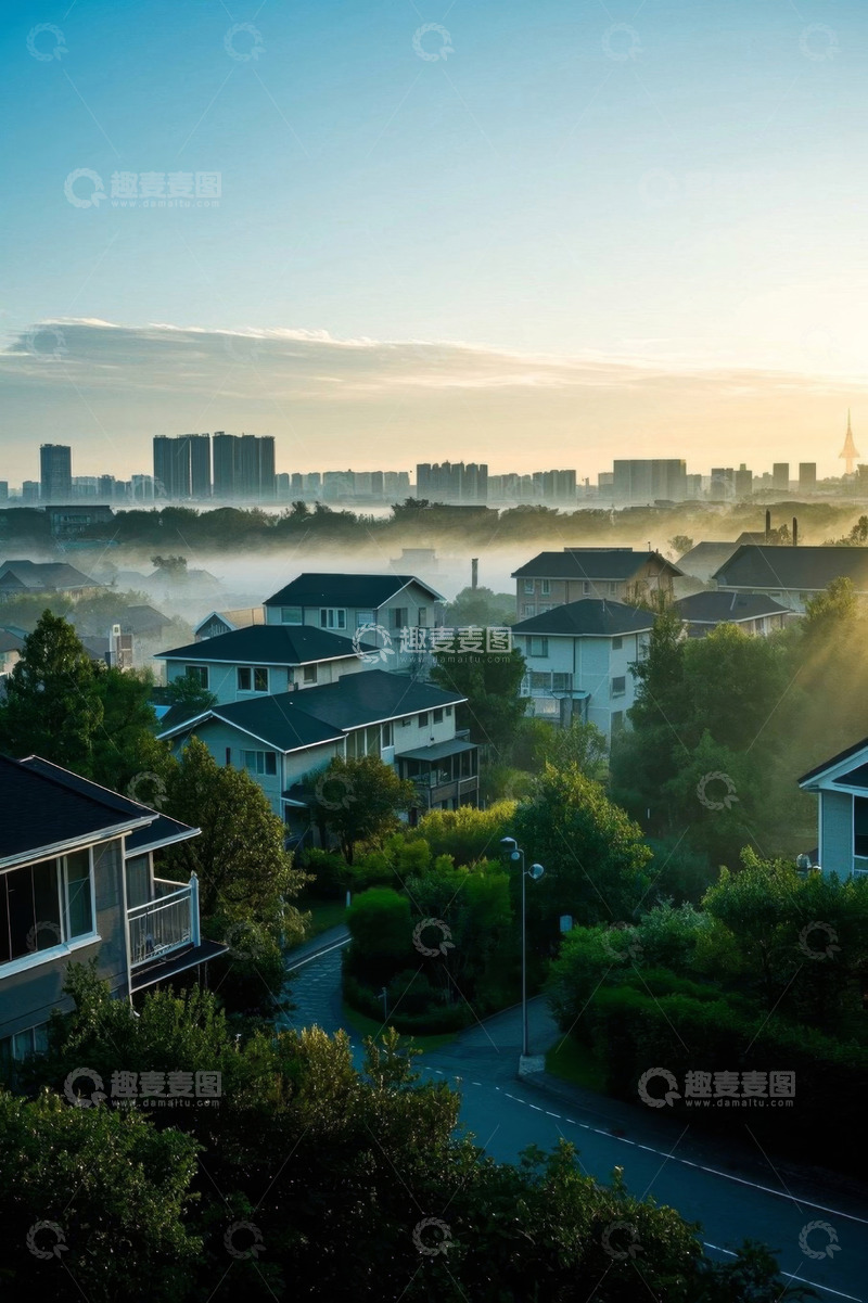 高清大图下载【趣麦麦图】晨雾中的住宅区远景