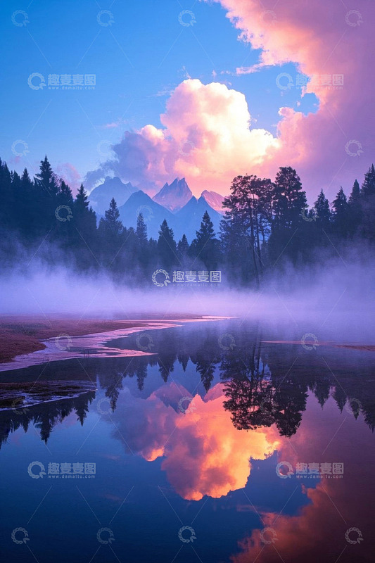 山林湖泊日出倒影美景