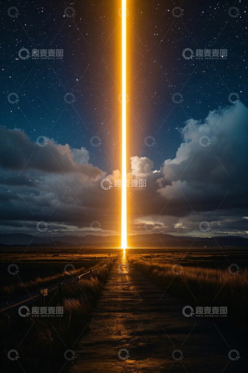 高清大图下载【趣麦麦图】夜空下草原的金色光柱景象