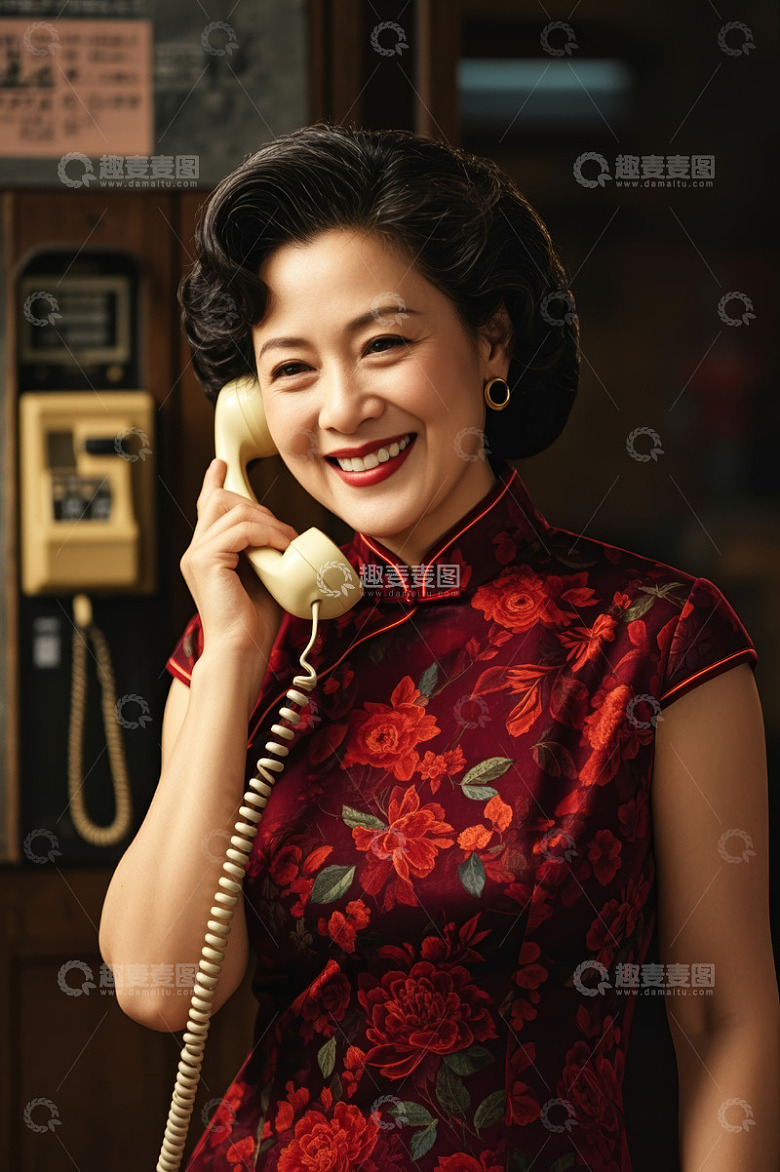 穿旗袍女士打电话微笑特写