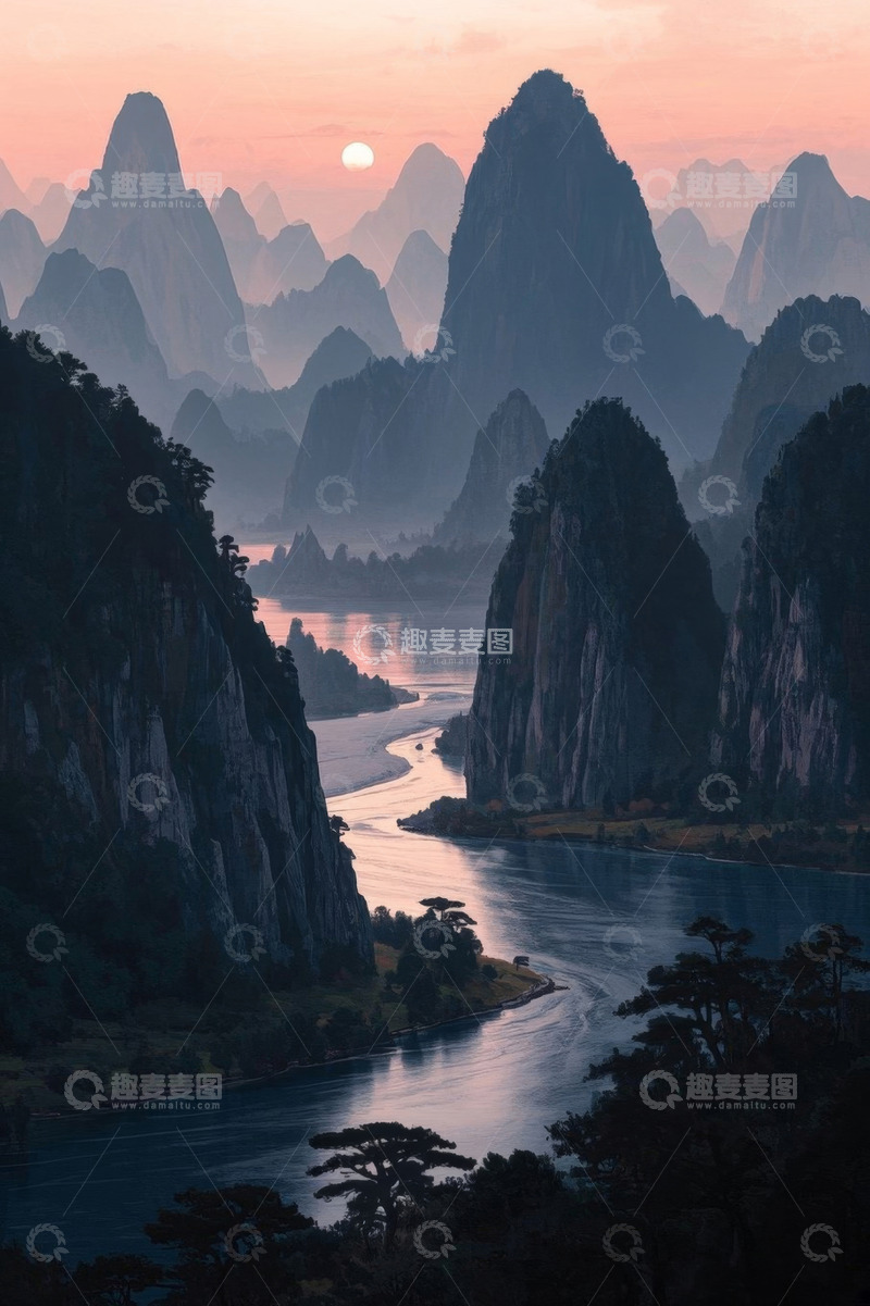 高清大图下载【趣麦麦图】漓江山水日落全景