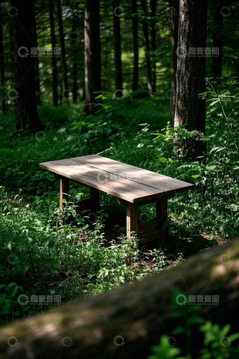 高清大图下载【趣麦麦图】森林中的木质长桌