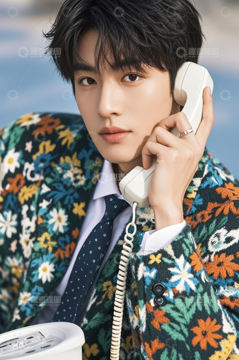 高清大图下载【趣麦麦图】穿着花西装的男子手持电话
