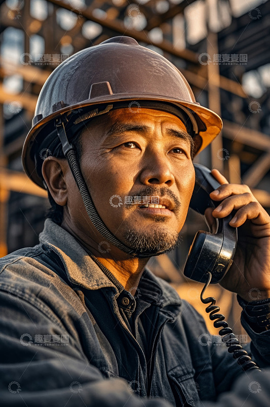 戴安全帽工人工地打电话场景