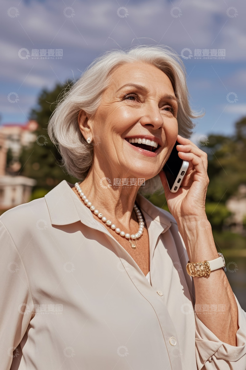 高清大图下载【趣麦麦图】老年女性户外打电话微笑画面