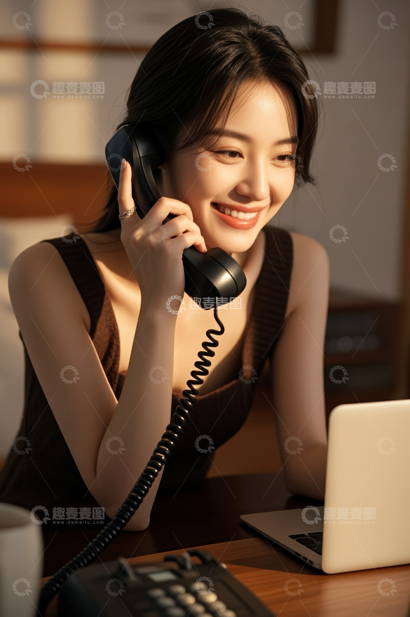 高清大图下载【趣麦麦图】女子微笑着打电话办公
