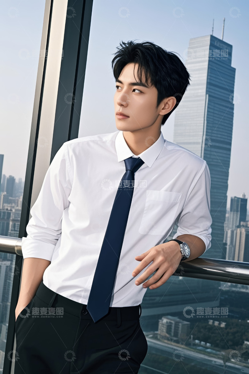 高清大图下载【趣麦麦图】商务男士倚窗眺望城市风景