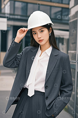 身着西装戴安全帽的职业女性