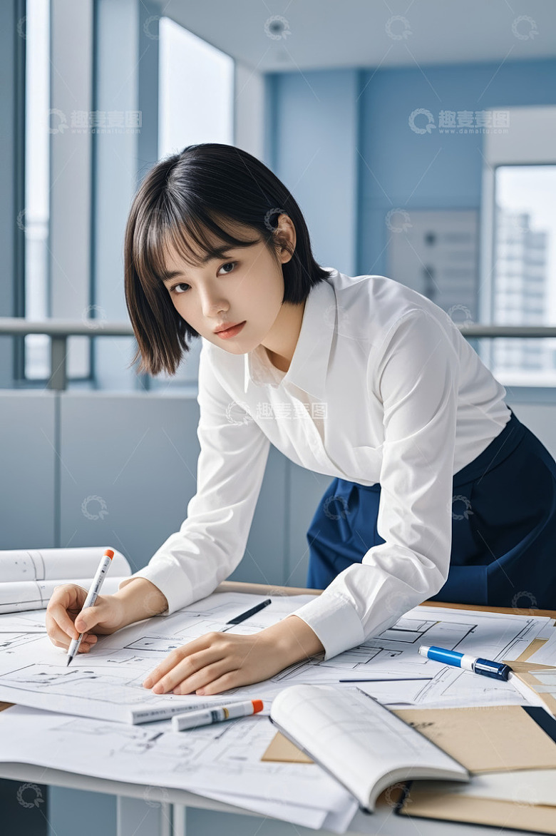 办公室女性专注绘制图纸