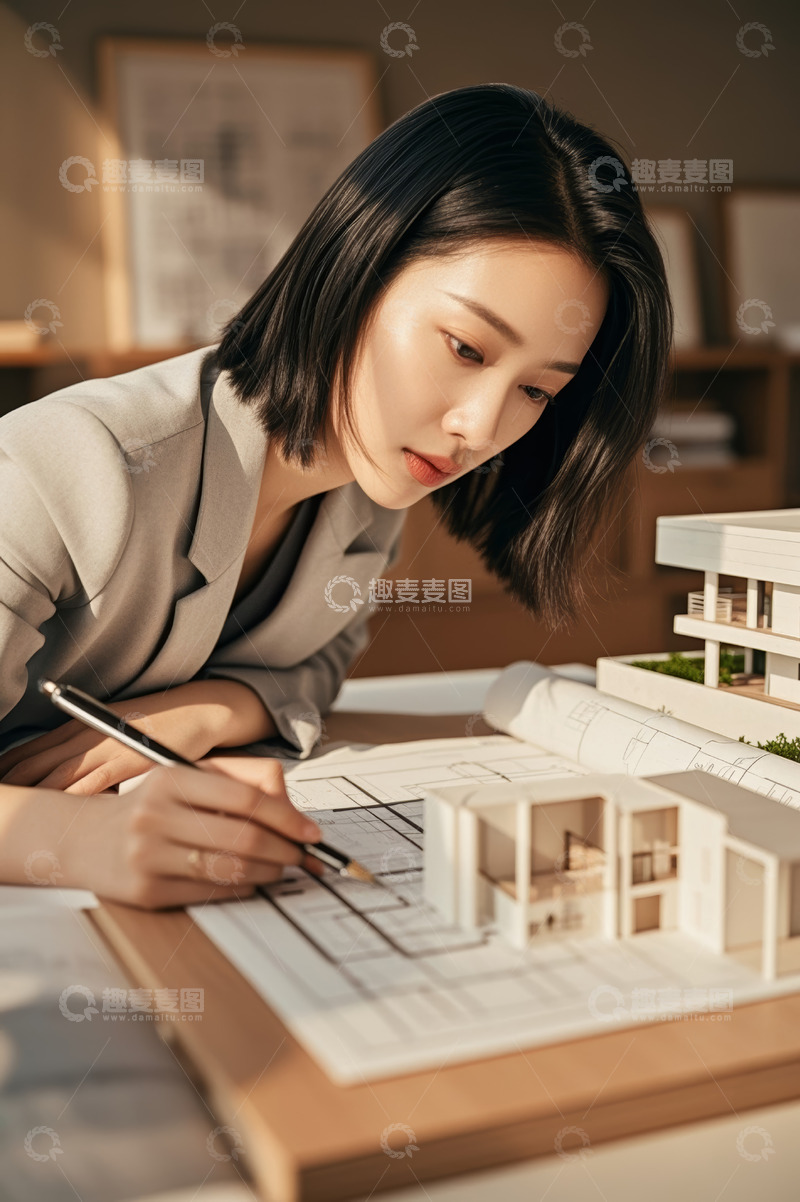 高清大图下载【趣麦麦图】亚洲女性专注绘制建筑图纸