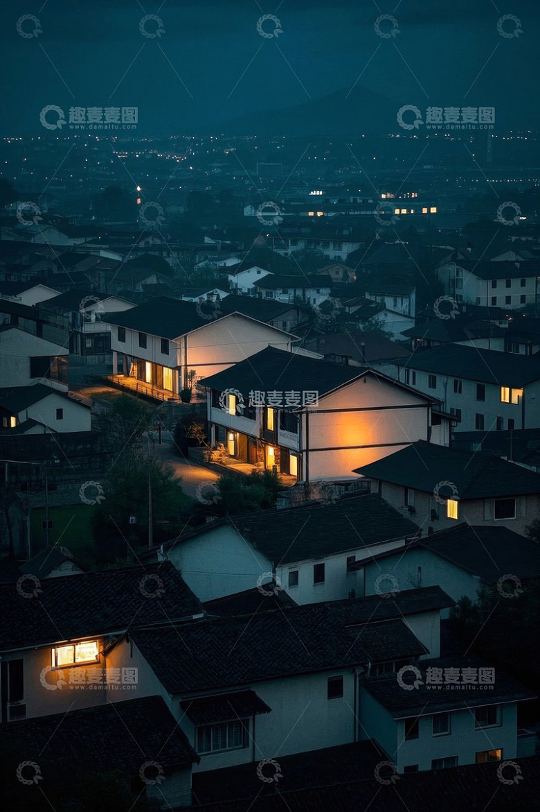 夜晚居民区房屋俯瞰景象