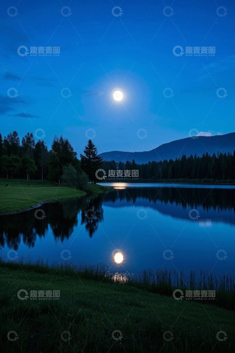 高清大图下载【趣麦麦图】月夜下宁静的湖泊山林景观