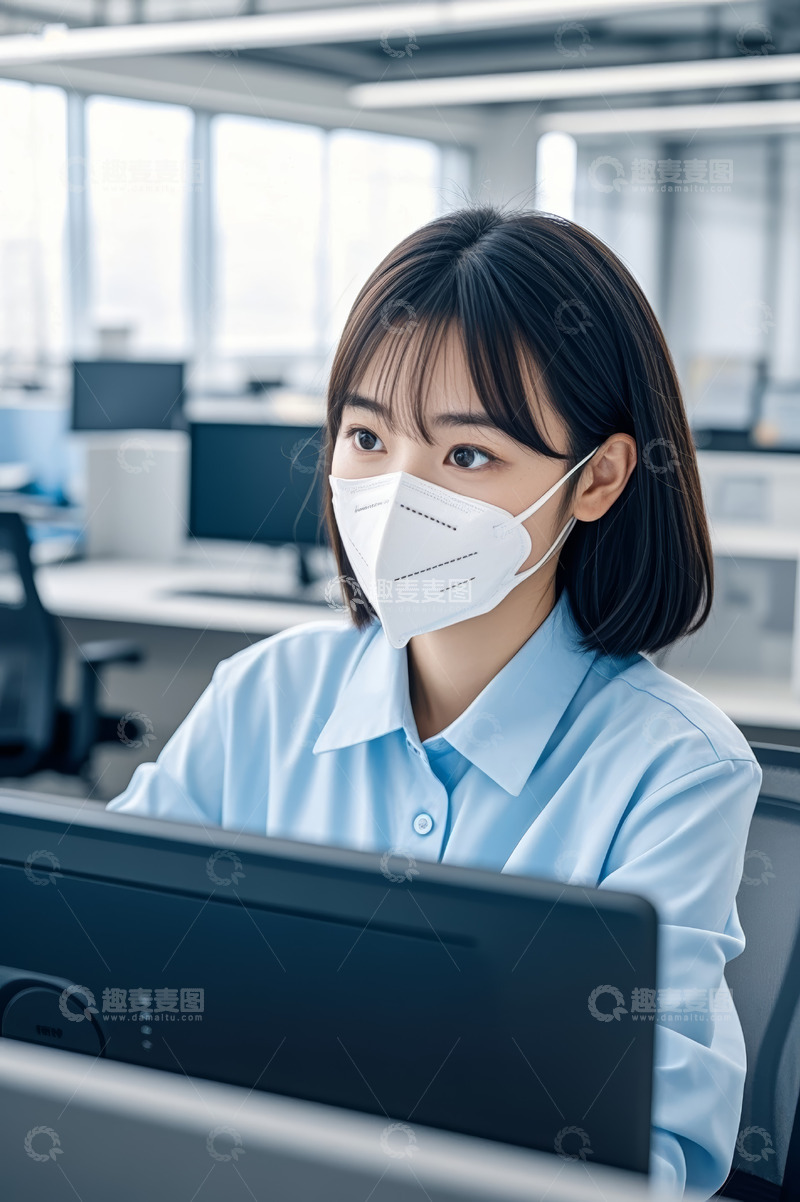 高清大图下载【趣麦麦图】戴口罩女性办公场景