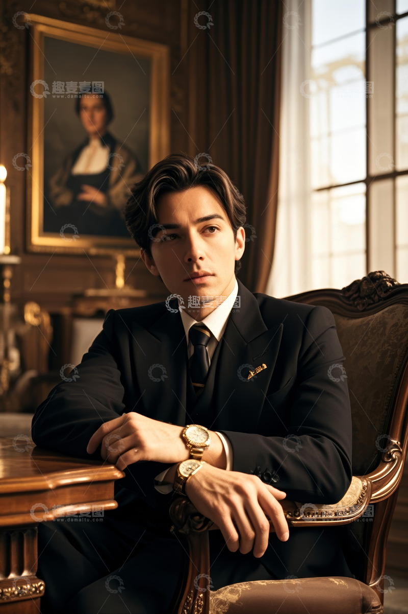 高清大图下载【趣麦麦图】西装男士端坐复古室内