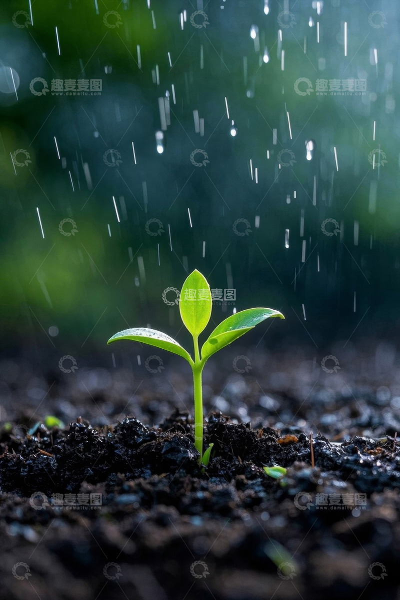高清大图下载【趣麦麦图】雨中破土而出的嫩绿幼苗