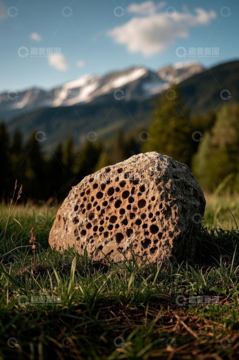 高清大图下载【趣麦麦图】草地上带孔洞岩石与远山风景