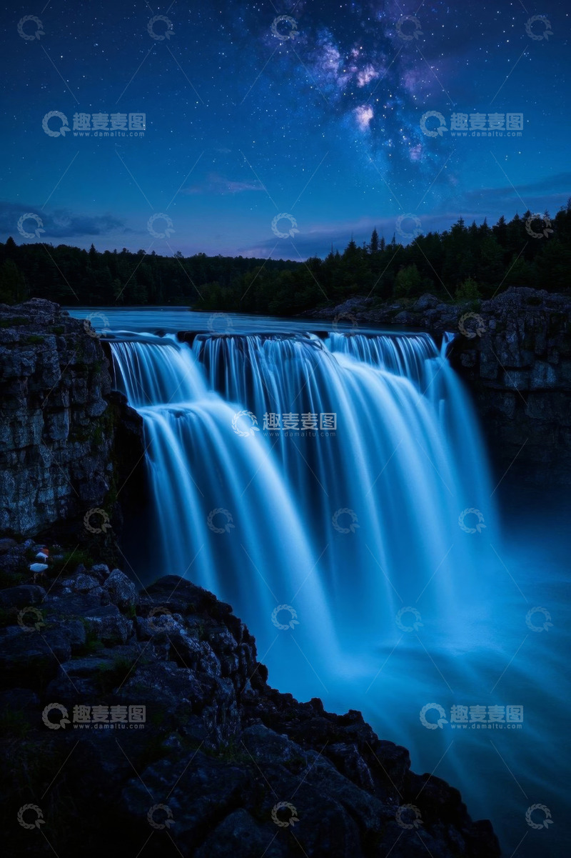 高清大图下载【趣麦麦图】星空下的瀑布自然景观