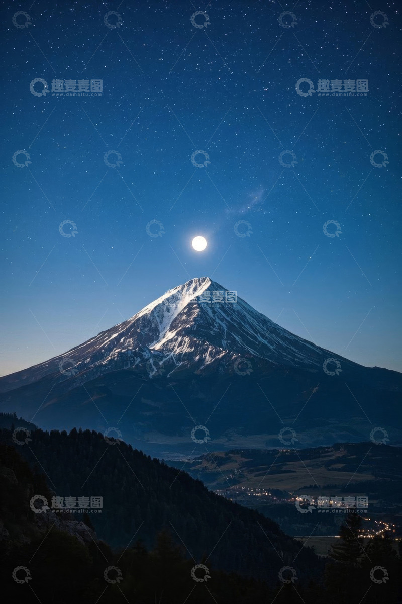 高清大图下载【趣麦麦图】月夜下的富士山与星空景观