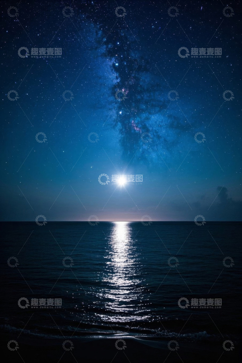 高清大图下载【趣麦麦图】月夜下的海面与星空景象
