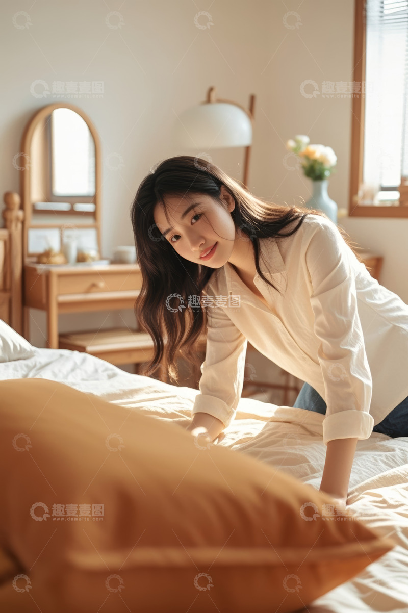高清大图下载【趣麦麦图】亚洲女性卧室整理床铺场景