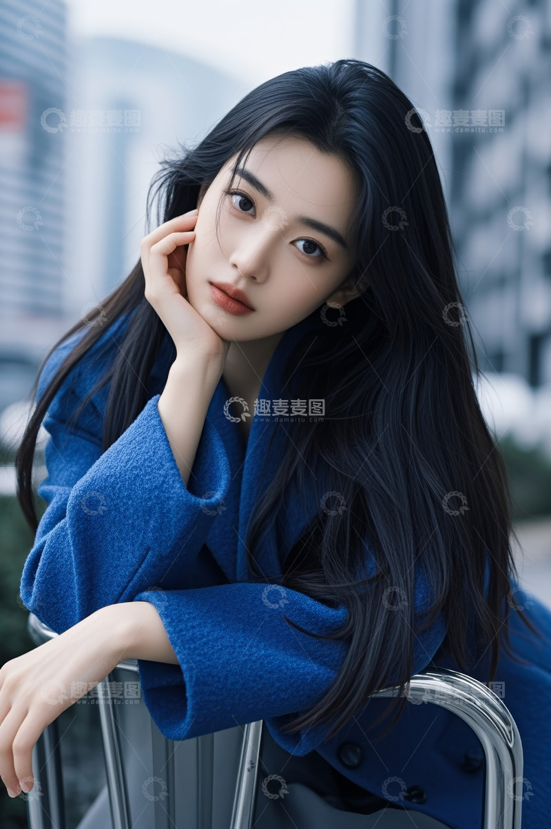高清大图下载【趣麦麦图】身着蓝外套的年轻女性倚坐