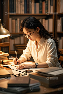 女生在书房伏案书写