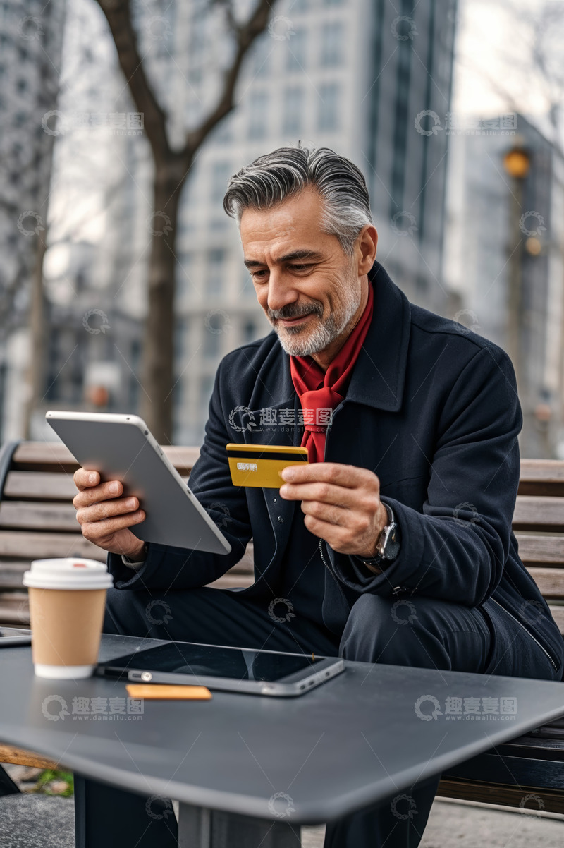 高清大图下载【趣麦麦图】中年男子户外使用平板与信用卡