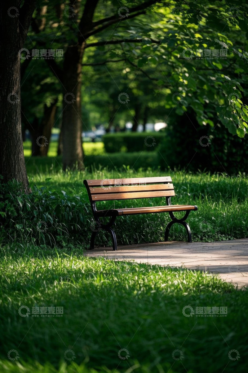 高清大图下载【趣麦麦图】公园草地旁的休闲长椅