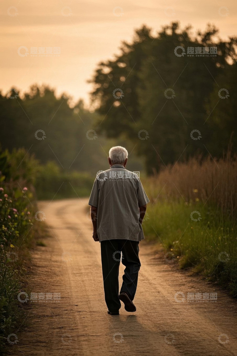 高清大图下载【趣麦麦图】老人在乡间小路独自行走