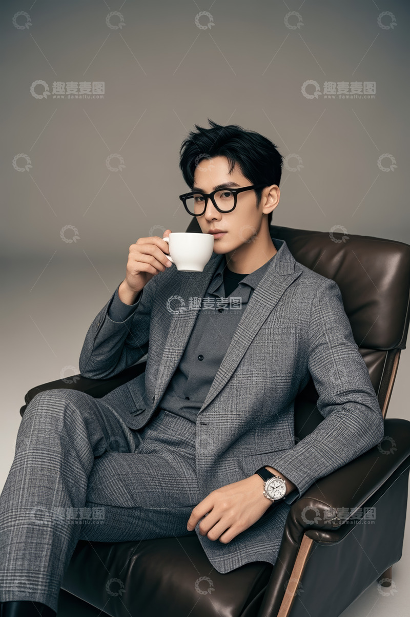 高清大图下载【趣麦麦图】西装男士坐椅手持咖啡