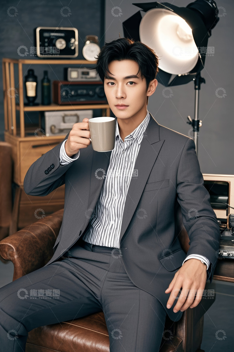 高清大图下载【趣麦麦图】西装男士坐椅手持咖啡