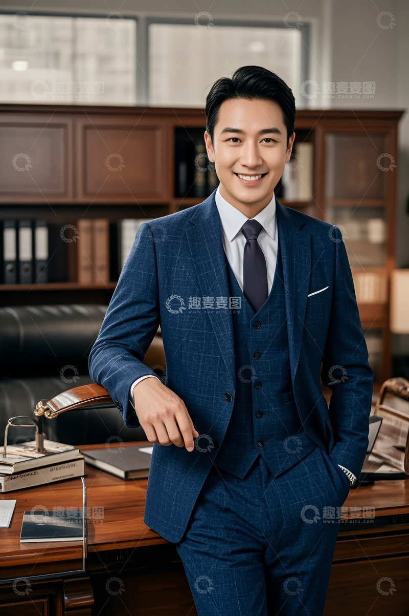 高清大图下载【趣麦麦图】商务男士办公室站立倚靠办公桌