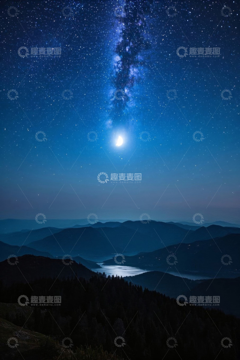 高清大图下载【趣麦麦图】月夜星空下的山峦与湖泊景观