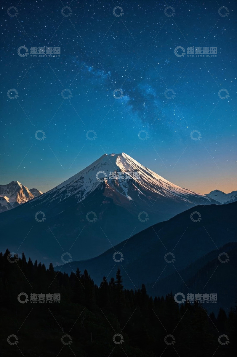 高清大图下载【趣麦麦图】星空下的雪山与森林景观