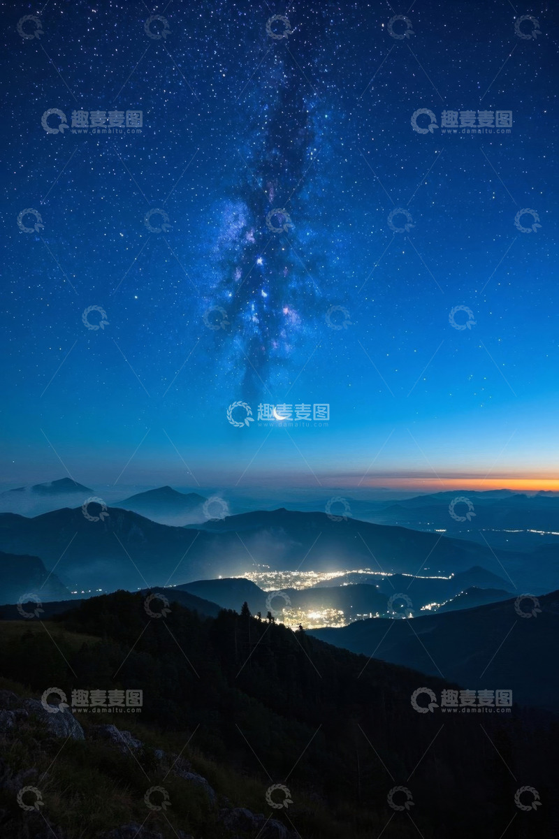 高清大图下载【趣麦麦图】夜空下山脉与城市灯火景观