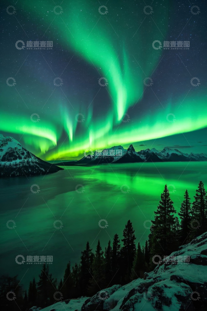 高清大图下载【趣麦麦图】夜空下雪山湖泊旁的极光景观
